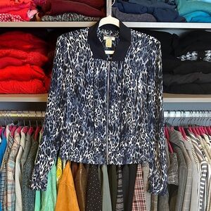Cache blue/white leopard print long sleeve lightweight bomber jacket size 2